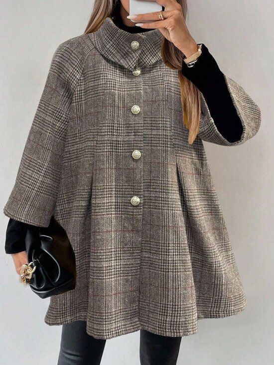 Jackets & Blazers - Grey Party Women's Plaid Single Breasted Raglan 3/4 Sleeve Jacket